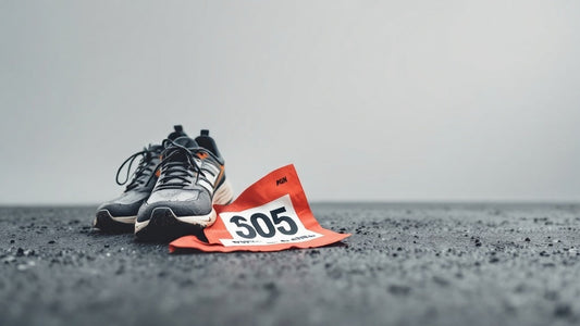 A pair of running shoes and a race number